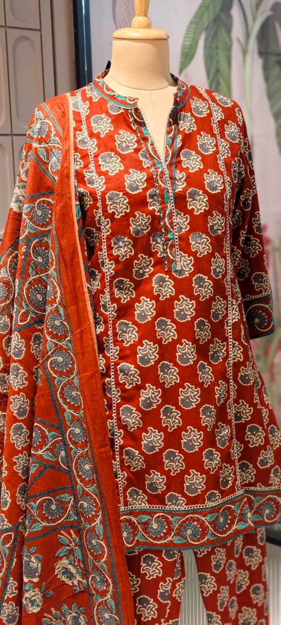 Earthy Floral Block Print Ethnic Cotton Short Length Kurta Full Suit Set With Dupatta- 14861 RB497