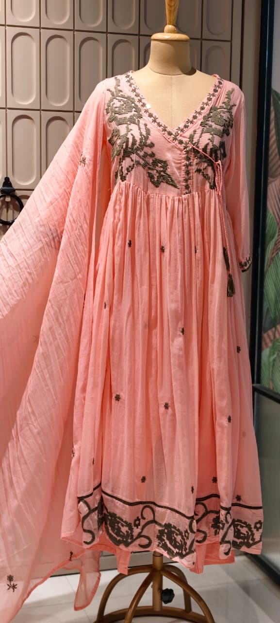 Cerulean Cross-Stitch Embroidered Angrakha Tiered Pleated Flared Anarkali Full Suit Set- 14852 RB501