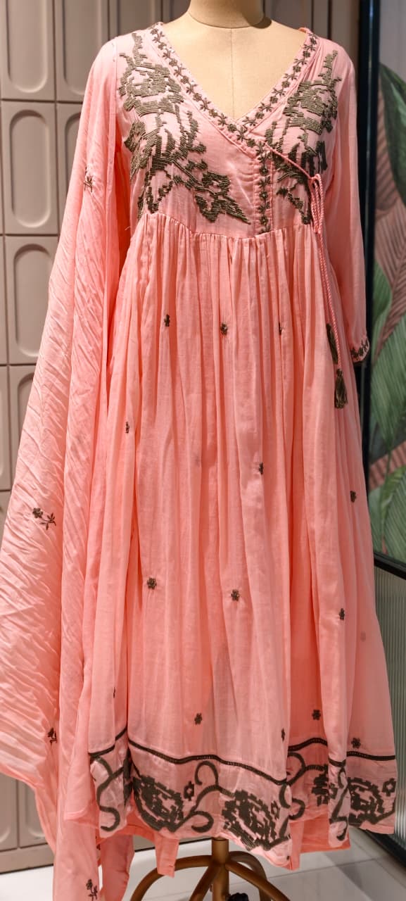 Cerulean Cross-Stitch Embroidered Angrakha Tiered Pleated Flared Anarkali Full Suit Set- 14852 RB501