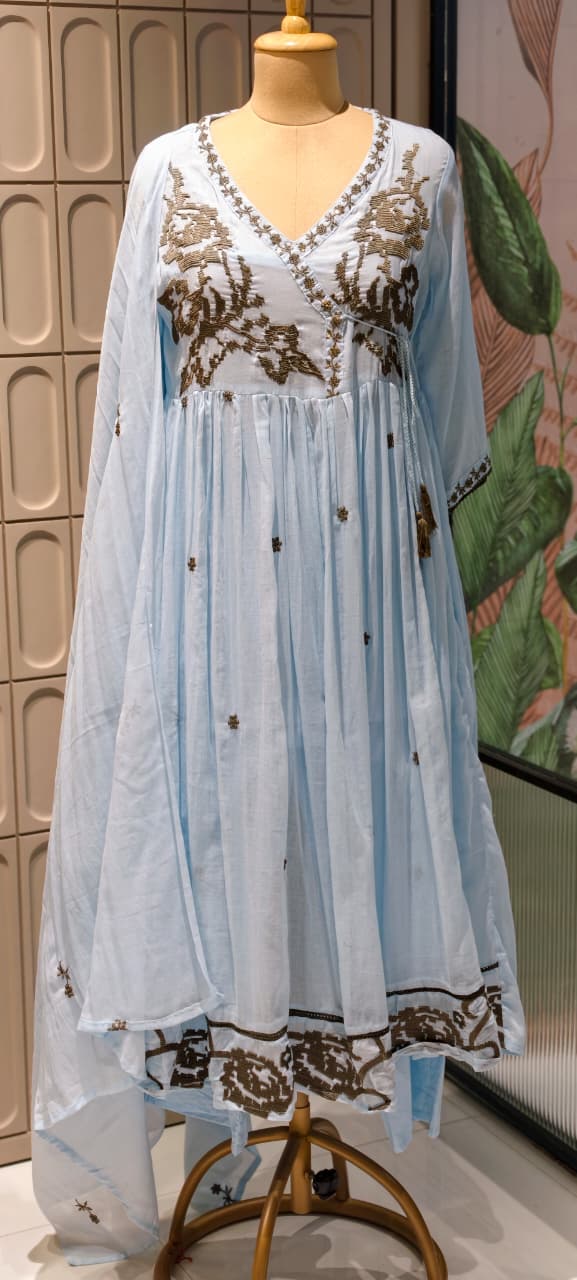 Cerulean Cross-Stitch Embroidered Angrakha Tiered Pleated Flared Anarkali Full Suit Set- 14852 RB501