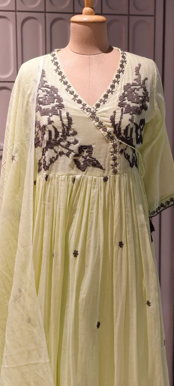 Cerulean Cross-Stitch Embroidered Angrakha Tiered Pleated Flared Anarkali Full Suit Set- 14852 RB501