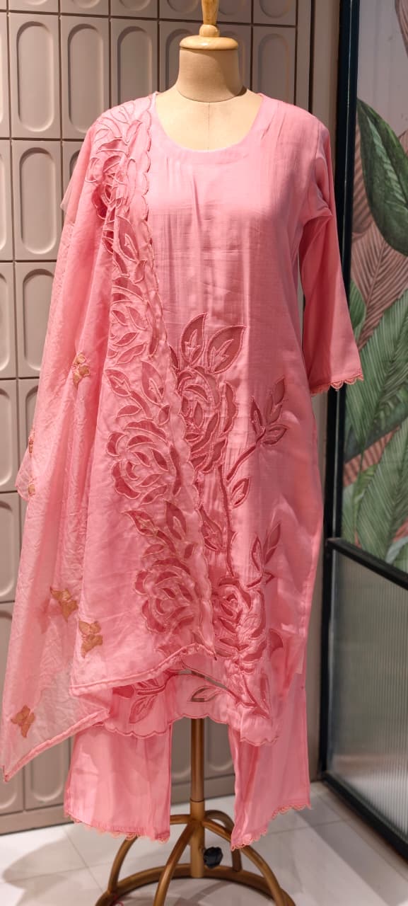 Organza Floral Cut Work Elegant Solid Full Suit Set With Dupatta In Surat Mul Chanderi Fabric- 14700 RB498