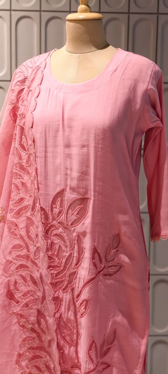 Organza Floral Cut Work Elegant Solid Full Suit Set With Dupatta In Surat Mul Chanderi Fabric- 14700 RB498
