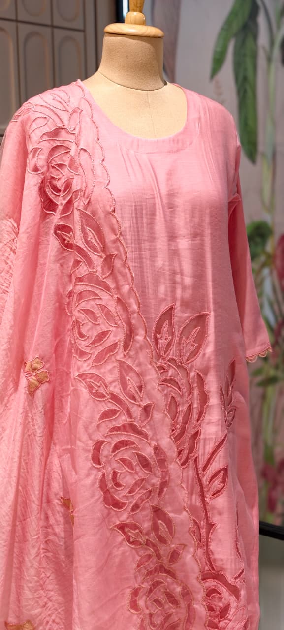 Organza Floral Cut Work Elegant Solid Full Suit Set With Dupatta In Surat Mul Chanderi Fabric- 14700 RB498