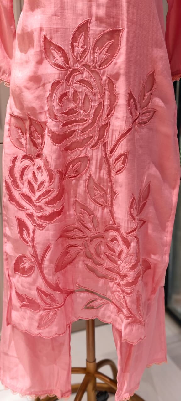 Organza Floral Cut Work Elegant Solid Full Suit Set With Dupatta In Surat Mul Chanderi Fabric- 14700 RB498