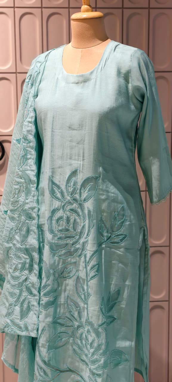 Organza Floral Cut Work Elegant Solid Full Suit Set With Dupatta In Surat Mul Chanderi Fabric- 14700 RB498