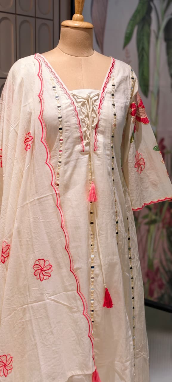 Real Mirror Ivory Grace Flared Anarkali Full Suit Set with Lace-Up Neckline and Pink Floral Accents- 14678 RB500
