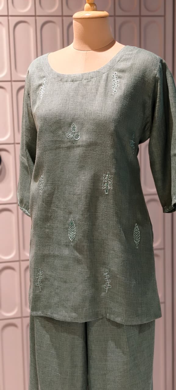 Formal Wear Jute Cotton Solid Co-Ord Sets with Delicate Leaf Embroidery- 14863 RB502