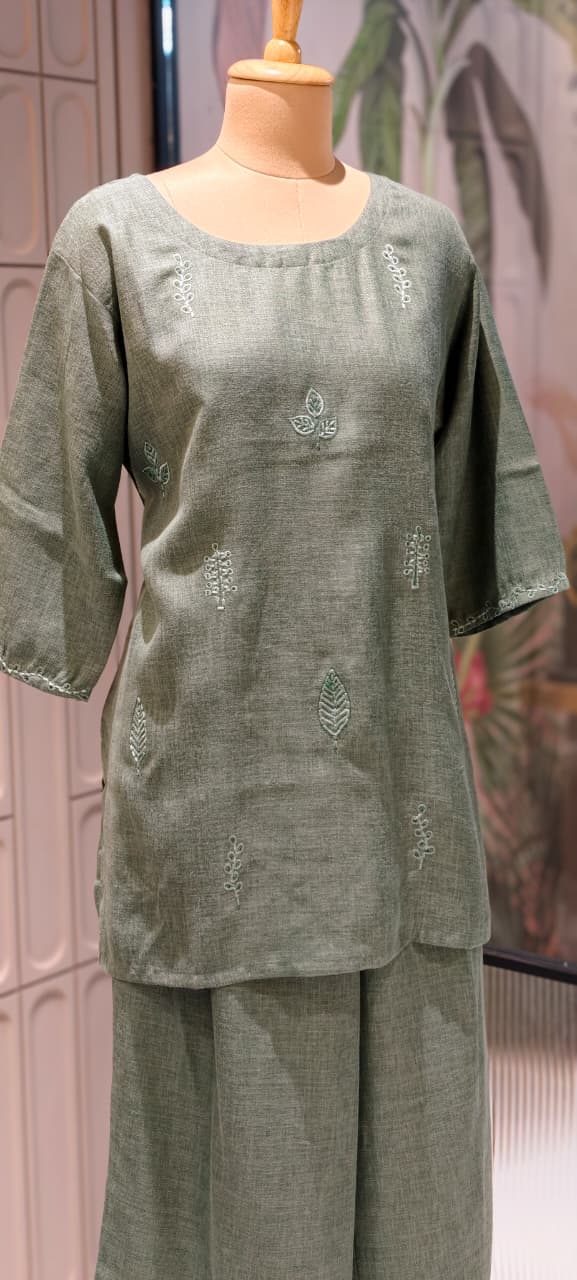 Formal Wear Jute Cotton Solid Co-Ord Sets with Delicate Leaf Embroidery- 14863 RB502