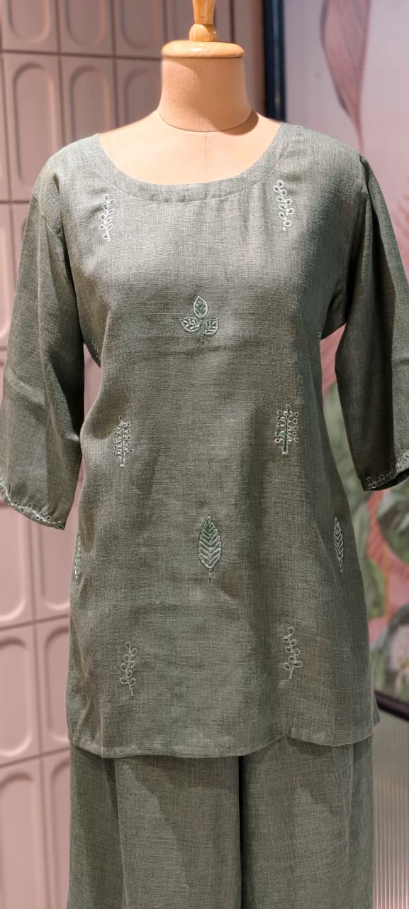 Formal Wear Jute Cotton Solid Co-Ord Sets with Delicate Leaf Embroidery- 14863 RB502