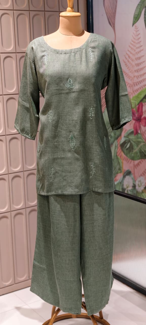 Formal Wear Jute Cotton Solid Co-Ord Sets with Delicate Leaf Embroidery- 14863 RB502