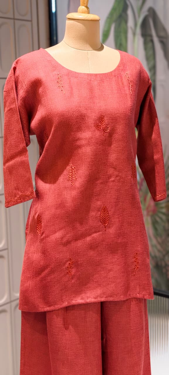 Formal Wear Jute Cotton Solid Co-Ord Sets with Delicate Leaf Embroidery- 14863 RB502