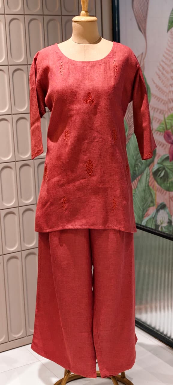 Formal Wear Jute Cotton Solid Co-Ord Sets with Delicate Leaf Embroidery- 14863 RB502