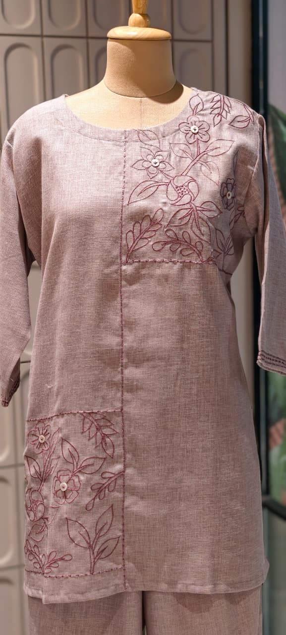 Slub Linen Co-Ord Set with Embroidered Artisanal Patchwork Detailing- 14862 RB504