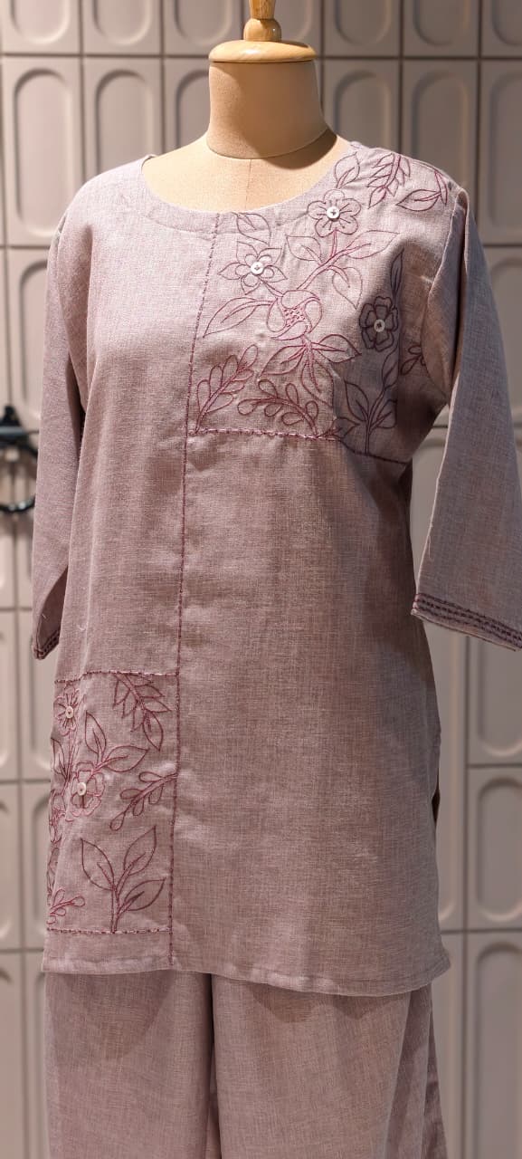 Slub Linen Co-Ord Set with Embroidered Artisanal Patchwork Detailing- 14862 RB504