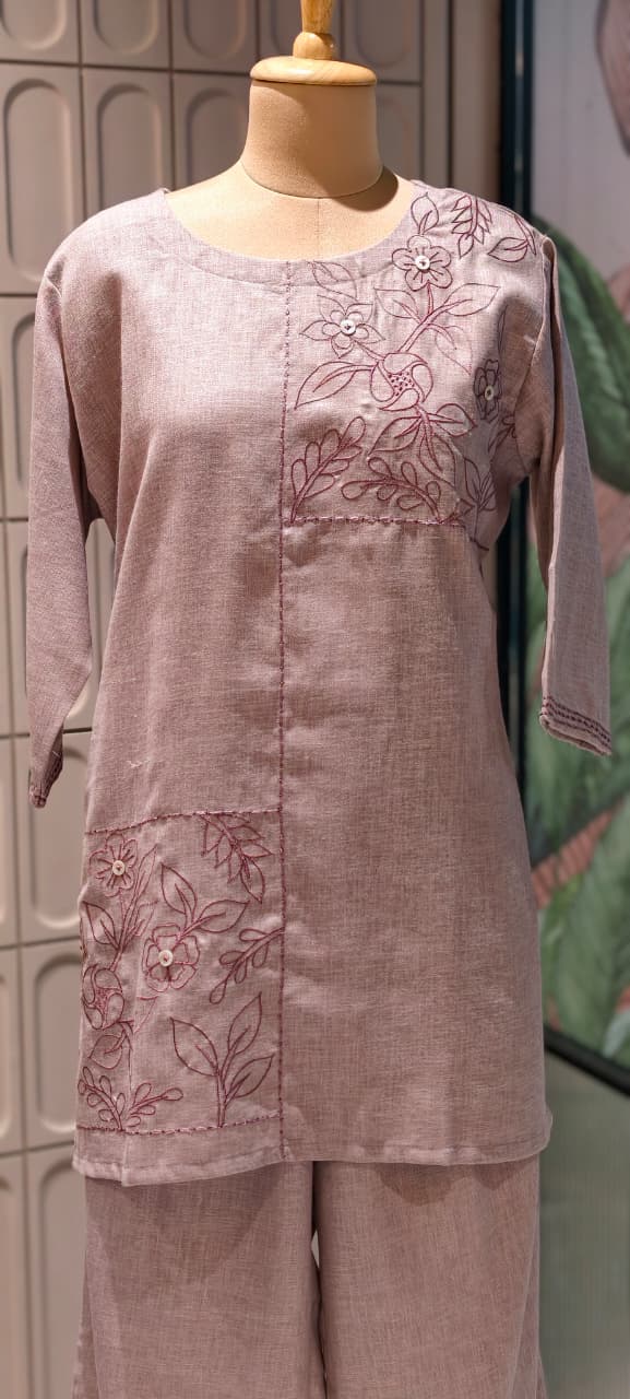 Slub Linen Co-Ord Set with Embroidered Artisanal Patchwork Detailing- 14862 RB504