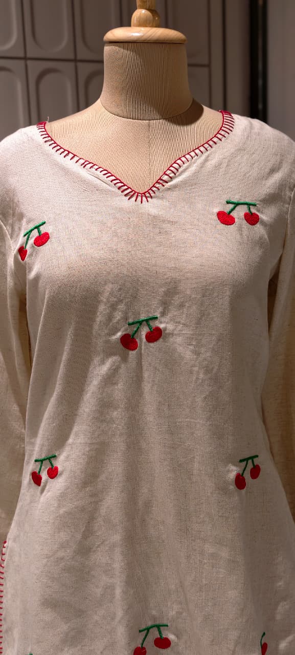 Cute Cherry Embroidered Flex Cotton Co-Ord Set With Farsi Bottom & Pouch- 14850 RB491