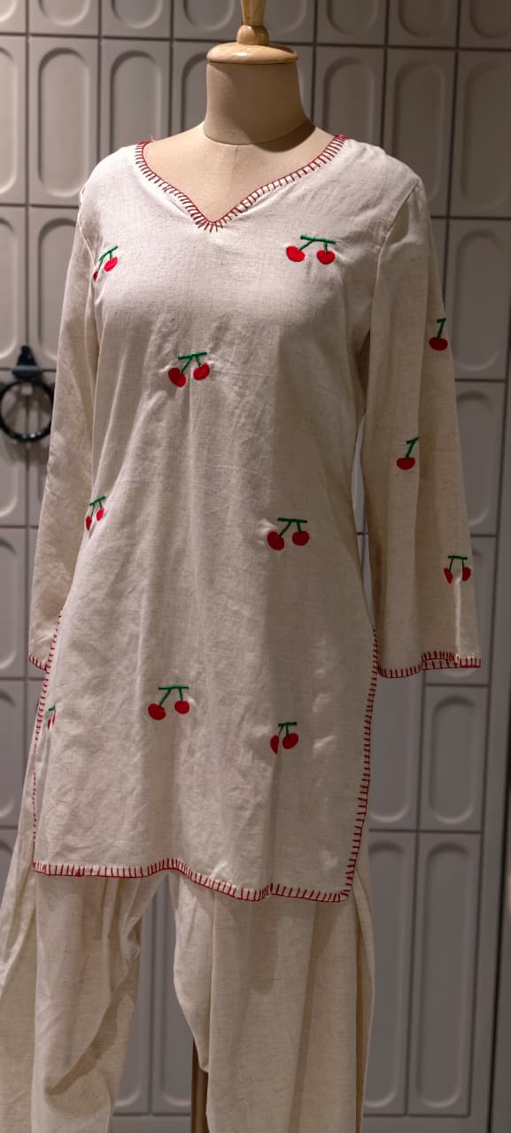 Cute Cherry Embroidered Flex Cotton Co-Ord Set With Farsi Bottom & Pouch- 14850 RB491