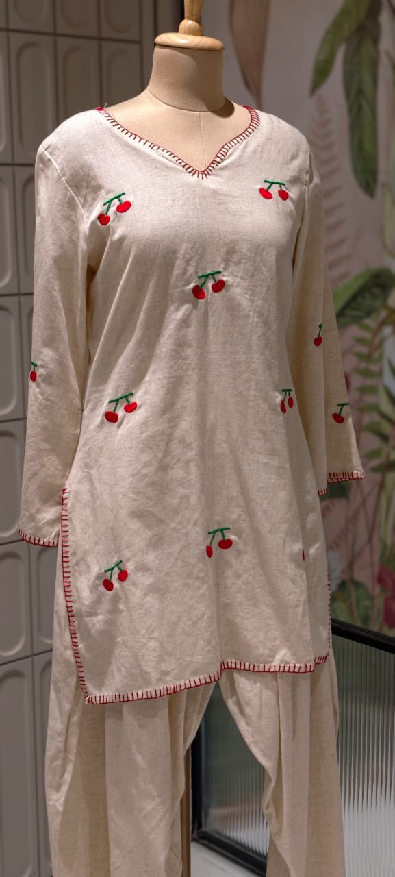 Cute Cherry Embroidered Flex Cotton Co-Ord Set With Farsi Bottom & Pouch- 14850 RB491