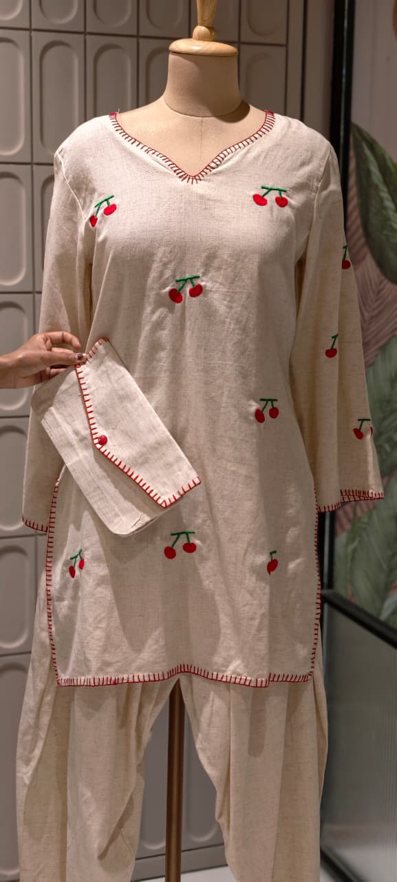 Cute Cherry Embroidered Flex Cotton Co-Ord Set With Farsi Bottom & Pouch- 14850 RB491