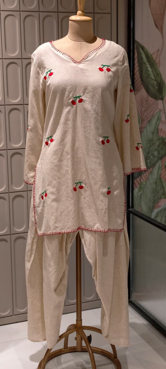Cute Cherry Embroidered Flex Cotton Co-Ord Set With Farsi Bottom & Pouch- 14850 RB491