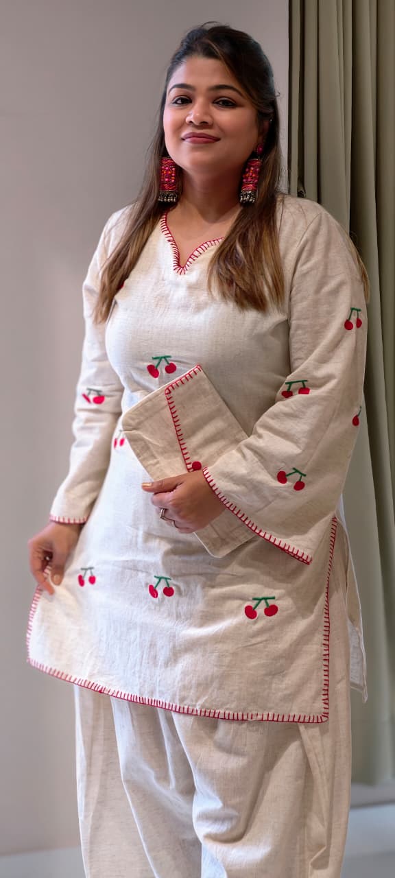 Cute Cherry Embroidered Flex Cotton Co-Ord Set With Farsi Bottom & Pouch- 14850 RB491