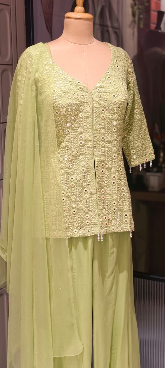 Premium Faux Georgette Royal Noor Chikankari Mirror-Work Slitted Peplum Kurta With Panel Palazzo Bottom & Dupatta Set -14844