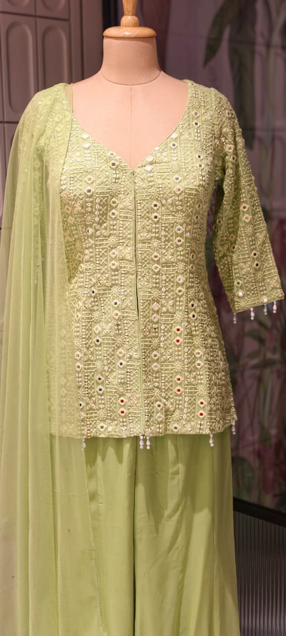 Premium Faux Georgette Royal Noor Chikankari Mirror-Work Slitted Peplum Kurta With Panel Palazzo Bottom & Dupatta Set -14844