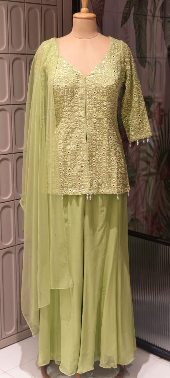 Premium Faux Georgette Royal Noor Chikankari Mirror-Work Slitted Peplum Kurta With Panel Palazzo Bottom & Dupatta Set -14844
