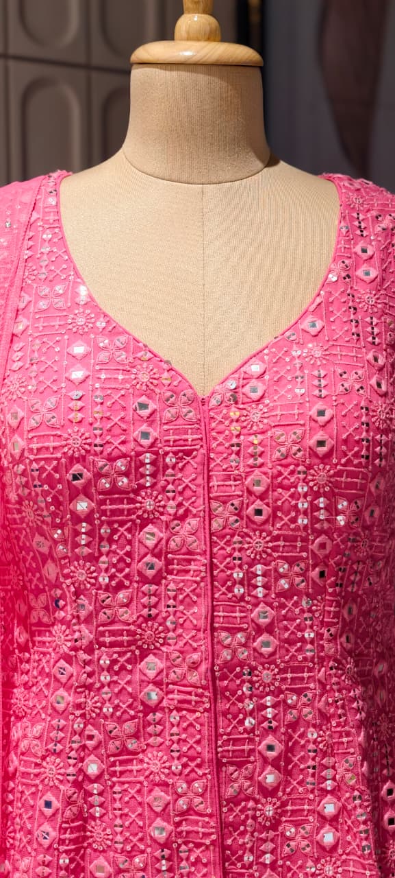 Premium Faux Georgette Royal Noor Chikankari Mirror-Work Slitted Peplum Kurta With Panel Palazzo Bottom & Dupatta Set -14844