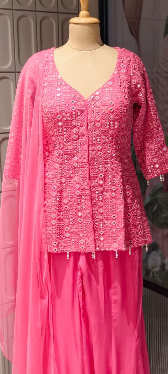 Premium Faux Georgette Royal Noor Chikankari Mirror-Work Slitted Peplum Kurta With Panel Palazzo Bottom & Dupatta Set -14844