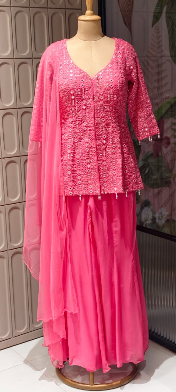 Premium Faux Georgette Royal Noor Chikankari Mirror-Work Slitted Peplum Kurta With Panel Palazzo Bottom & Dupatta Set -14844