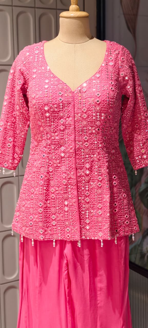 Premium Faux Georgette Royal Noor Chikankari Mirror-Work Slitted Peplum Kurta With Panel Palazzo Bottom & Dupatta Set -14844