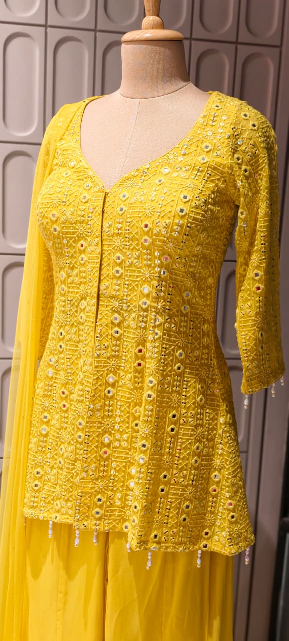 Premium Faux Georgette Royal Noor Chikankari Mirror-Work Slitted Peplum Kurta With Panel Palazzo Bottom & Dupatta Set -14844