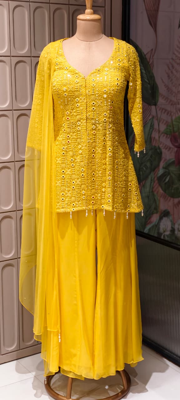 Premium Faux Georgette Royal Noor Chikankari Mirror-Work Slitted Peplum Kurta With Panel Palazzo Bottom & Dupatta Set -14844