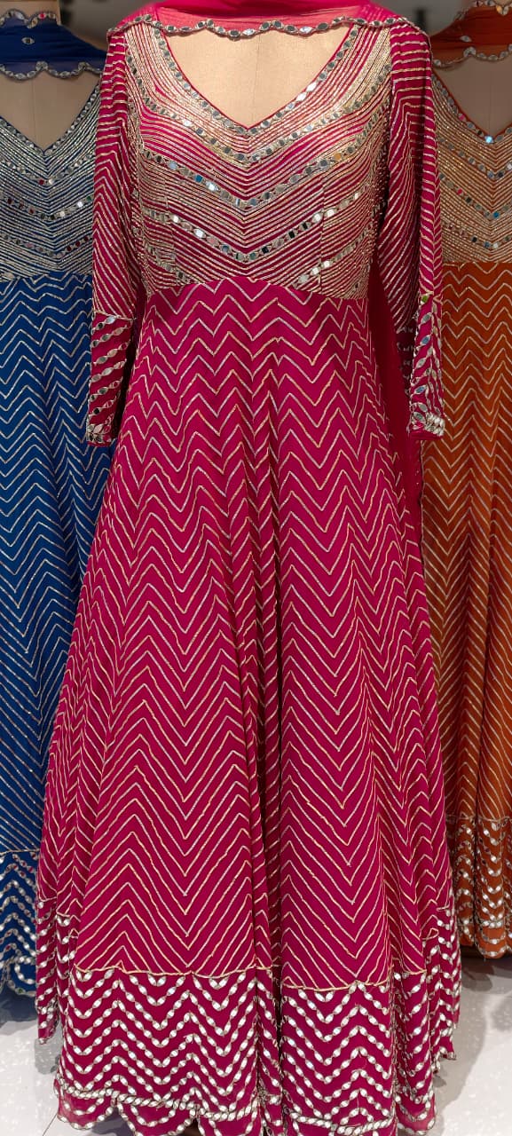 Majestic Premium Zari & Mirror Work Chevron Georgette Floor Length Anarkali Gown with Dupatta- 14233