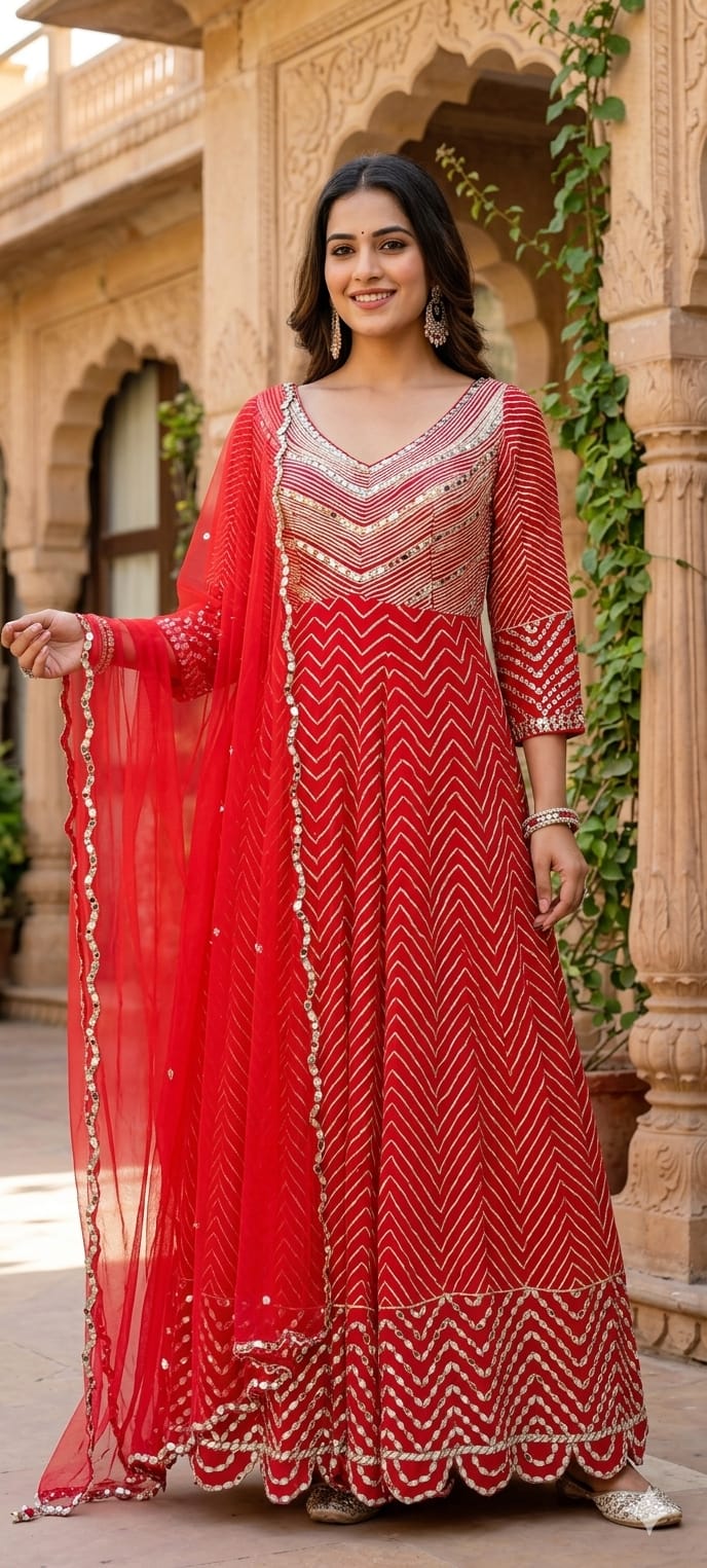 Majestic Premium Zari & Mirror Work Chevron Georgette Floor Length Anarkali Gown with Dupatta- 14233