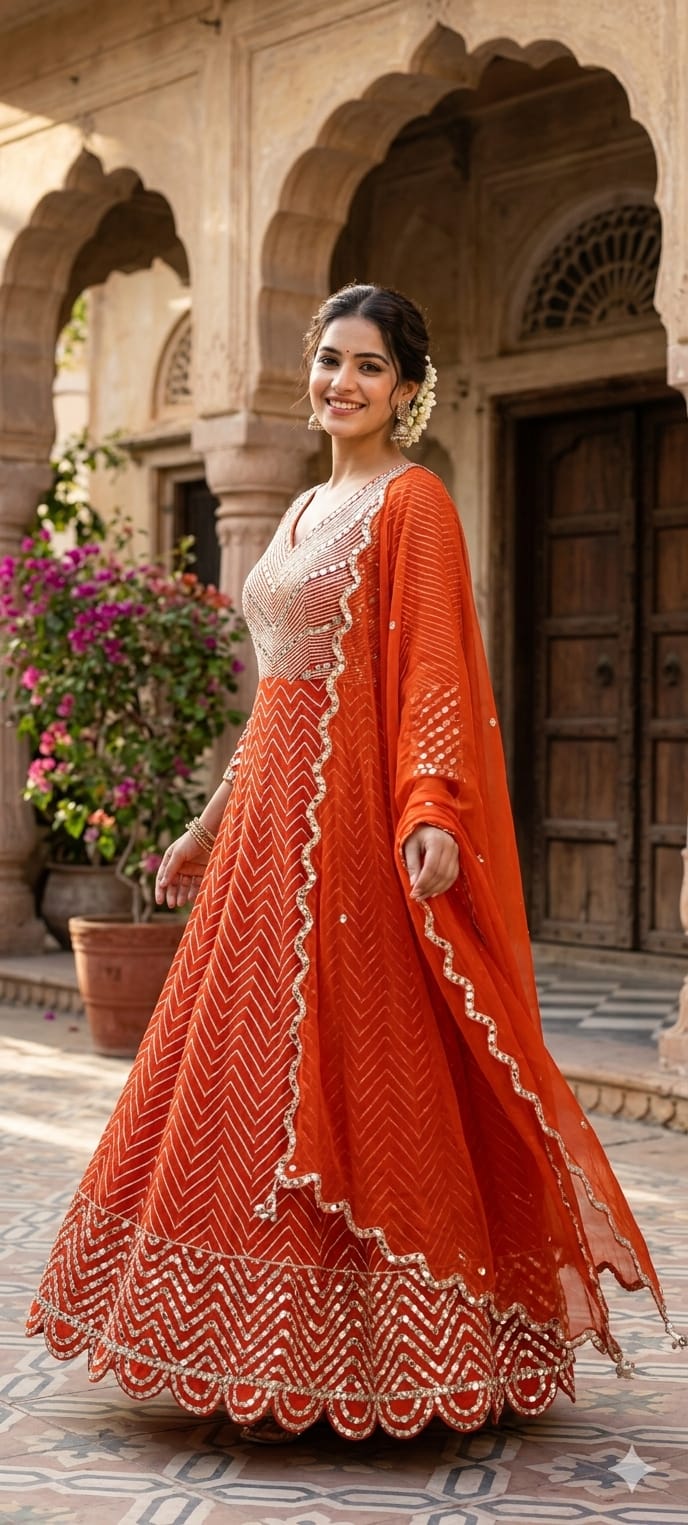 Majestic Premium Zari & Mirror Work Chevron Georgette Floor Length Anarkali Gown with Dupatta- 14233