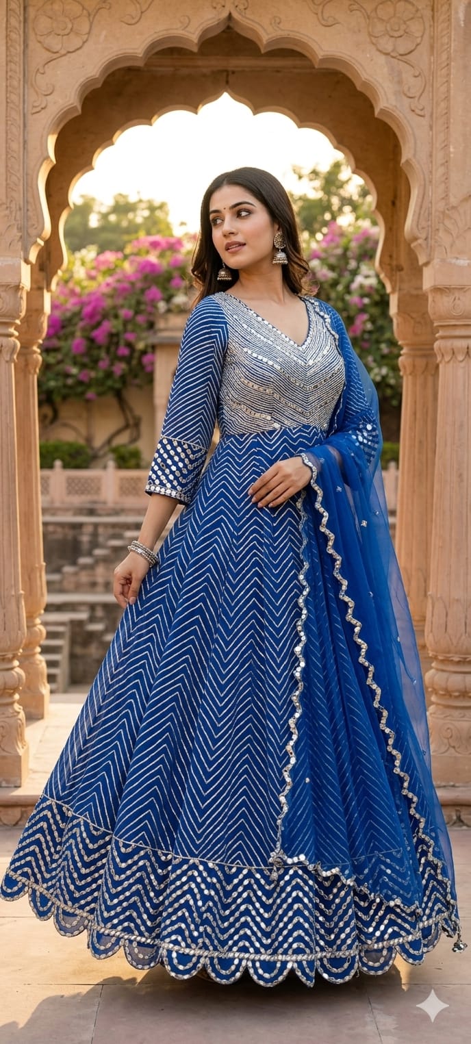 Majestic Premium Zari & Mirror Work Chevron Georgette Floor Length Anarkali Gown with Dupatta- 14233