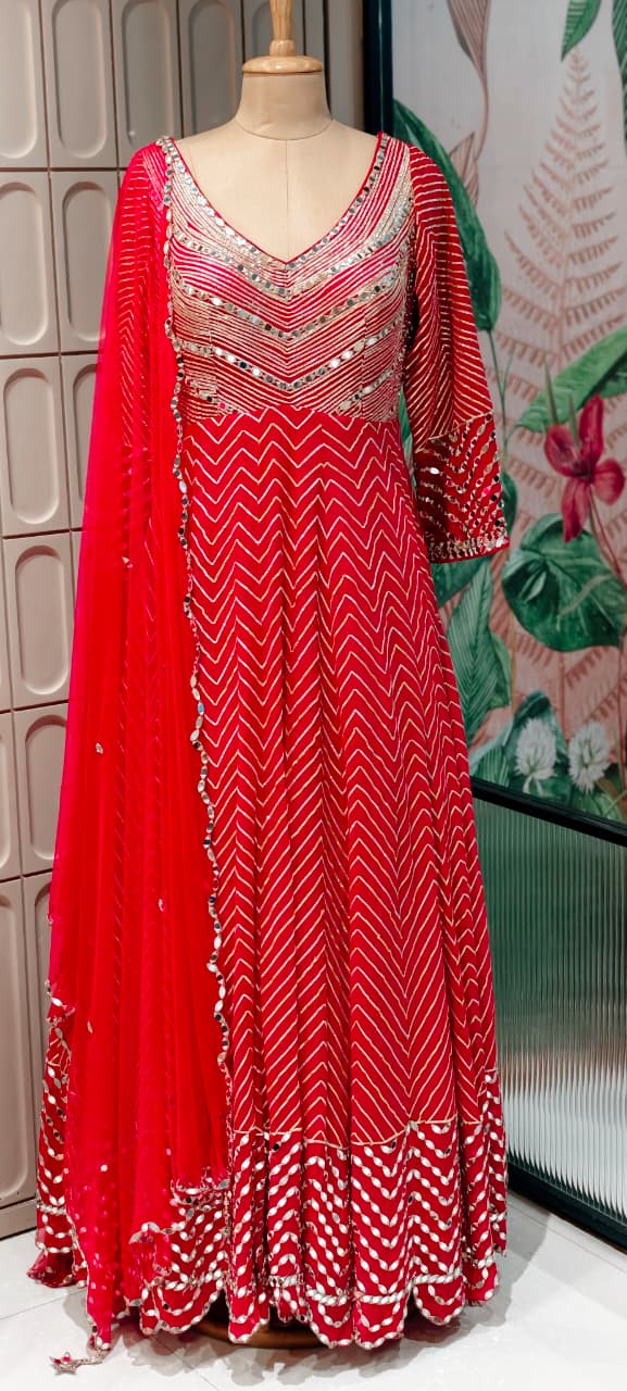 Majestic Premium Zari & Mirror Work Chevron Georgette Floor Length Anarkali Gown with Dupatta- 14233