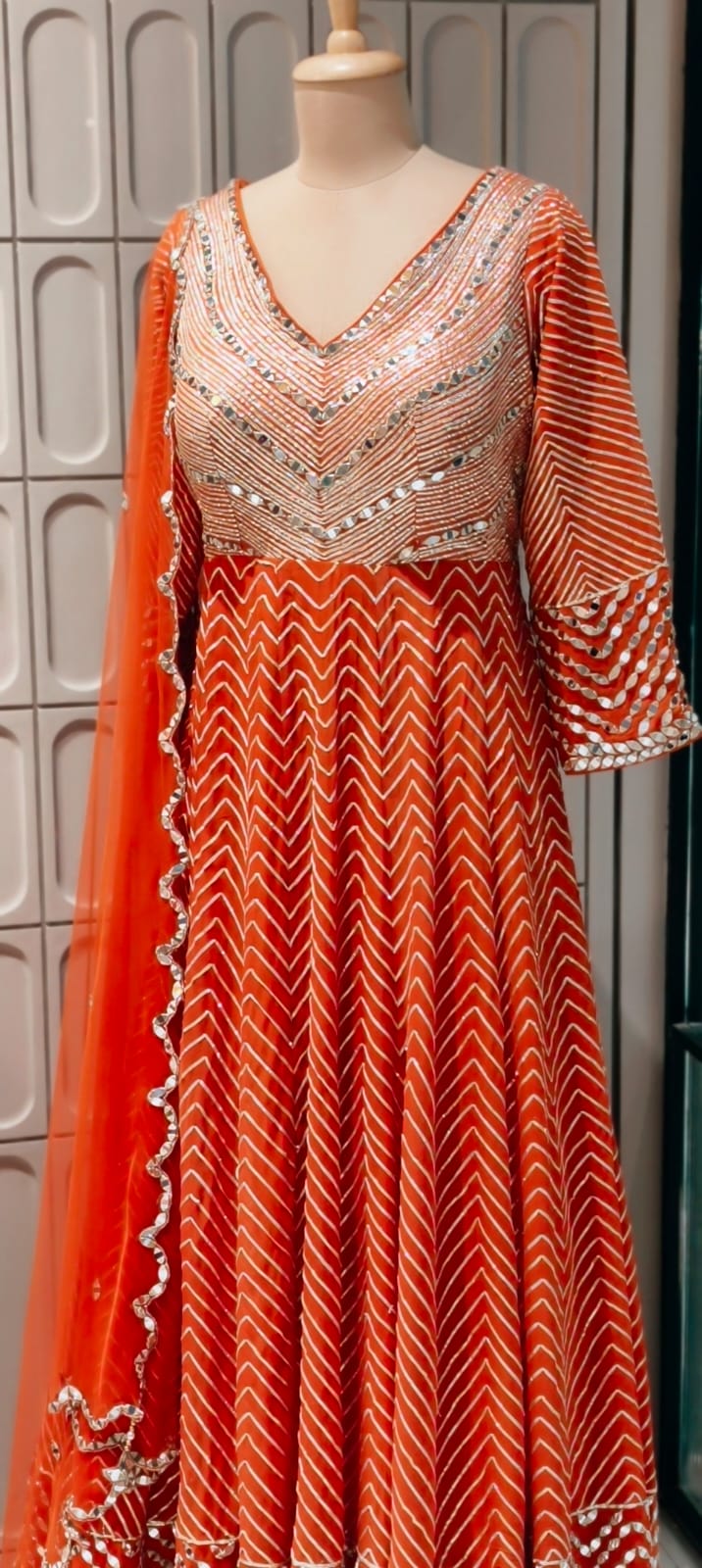 Majestic Premium Zari & Mirror Work Chevron Georgette Floor Length Anarkali Gown with Dupatta- 14233