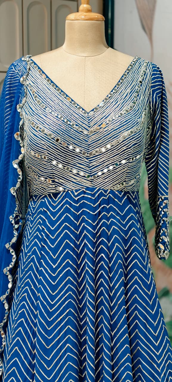 Majestic Premium Zari & Mirror Work Chevron Georgette Floor Length Anarkali Gown with Dupatta- 14233