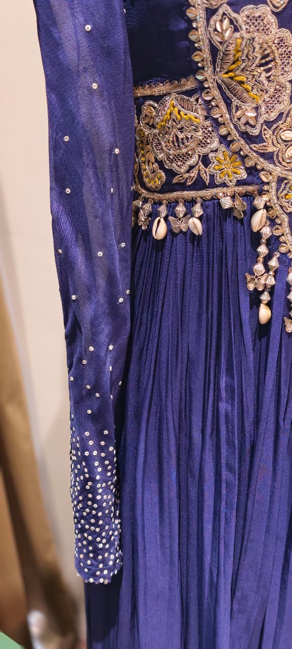 Georgette Pleated Anarkali Gown with Heavy Zardozi Hand-Embroidery, Pearl Tassel Detailing, and Scalloped Organza Dupatta Set- 14328