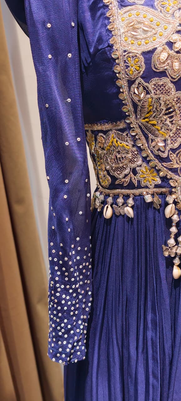 Georgette Pleated Anarkali Gown with Heavy Zardozi Hand-Embroidery, Pearl Tassel Detailing, and Scalloped Organza Dupatta Set- 14328