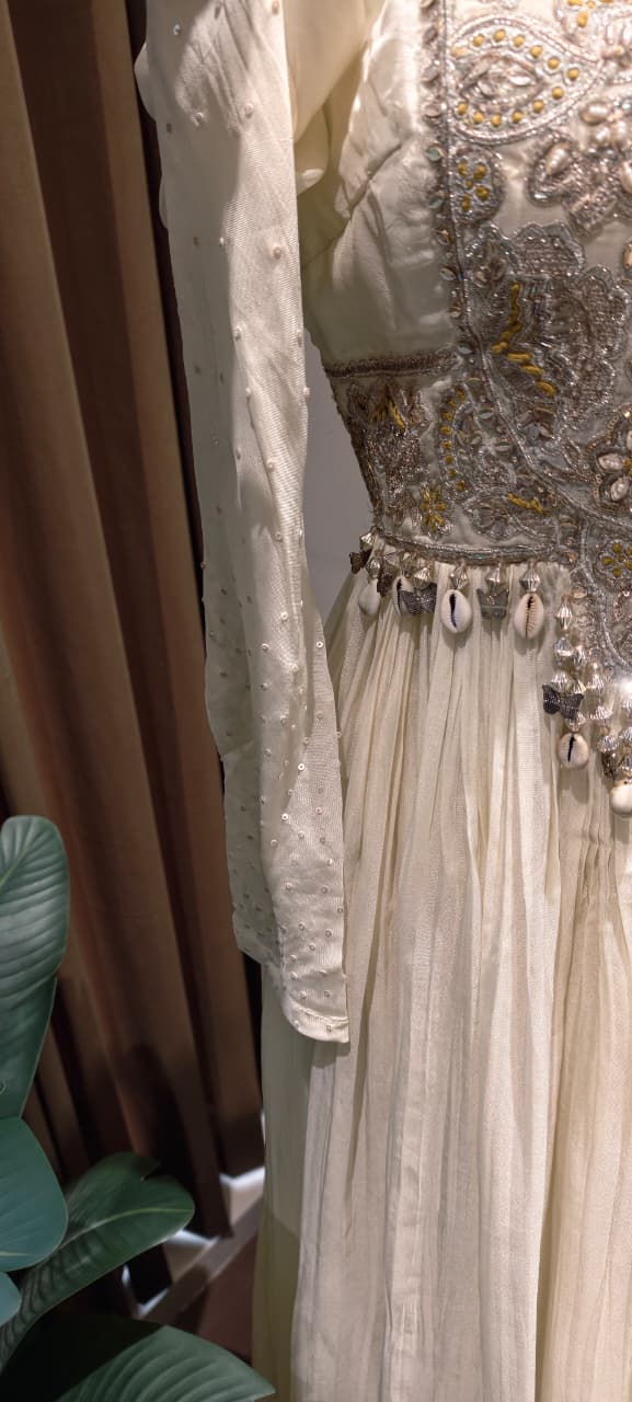 Georgette Pleated Anarkali Gown with Heavy Zardozi Hand-Embroidery, Pearl Tassel Detailing, and Scalloped Organza Dupatta Set- 14328