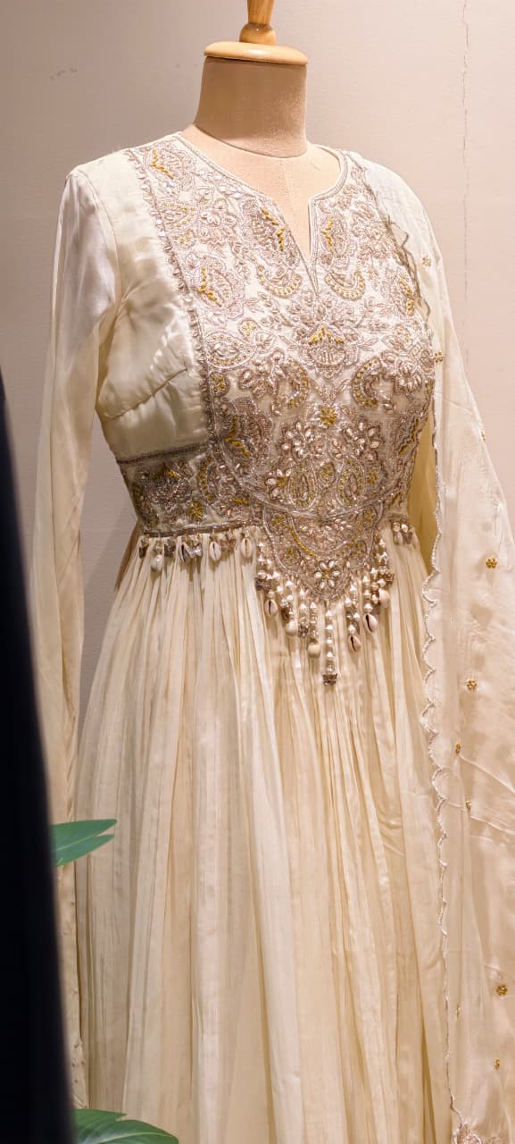 Georgette Pleated Anarkali Gown with Heavy Zardozi Hand-Embroidery, Pearl Tassel Detailing, and Scalloped Organza Dupatta Set- 14328