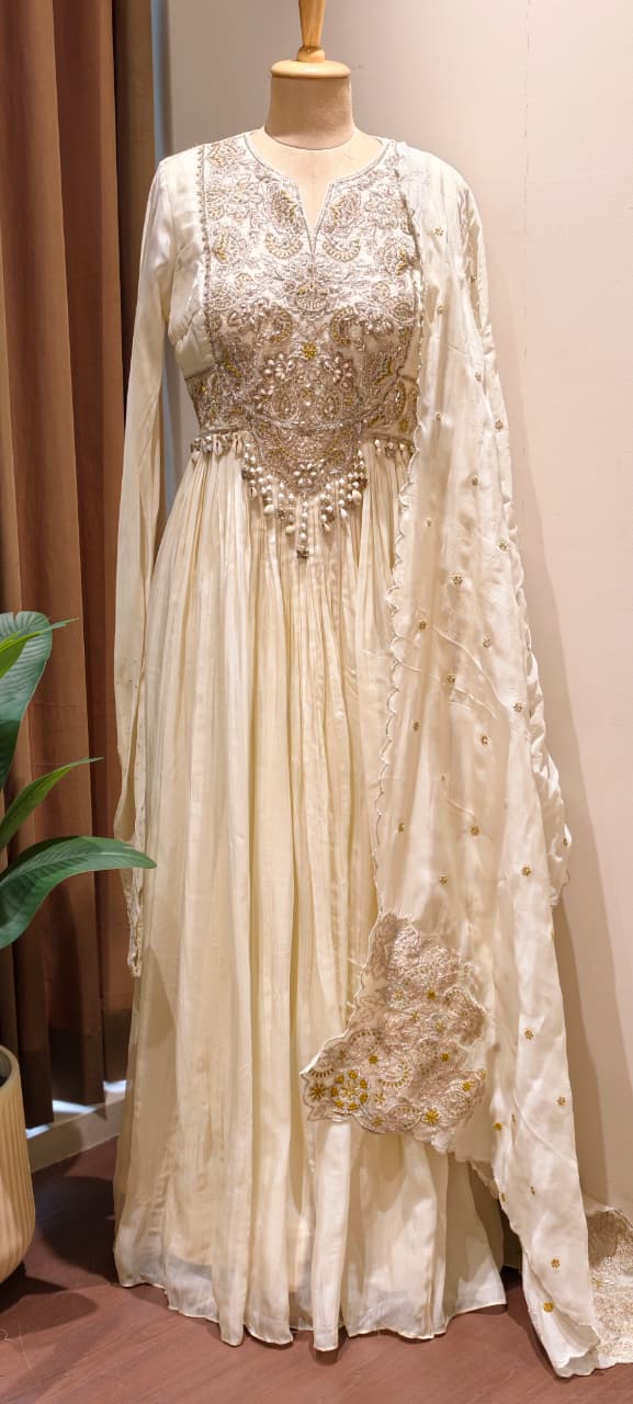 Georgette Pleated Anarkali Gown with Heavy Zardozi Hand-Embroidery, Pearl Tassel Detailing, and Scalloped Organza Dupatta Set- 14328