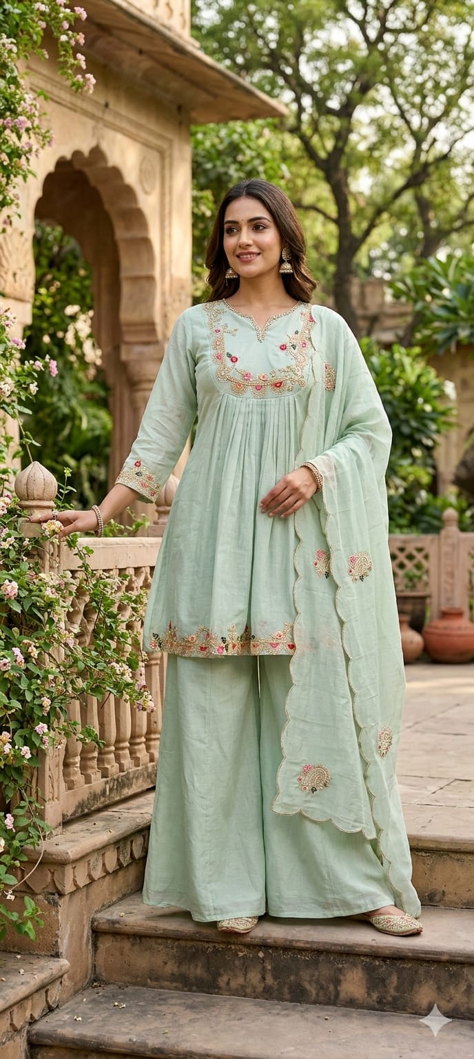 Mint Green Embroidered Pleated Festive Short Kurta with Palazzos and Dupatta Set-13861