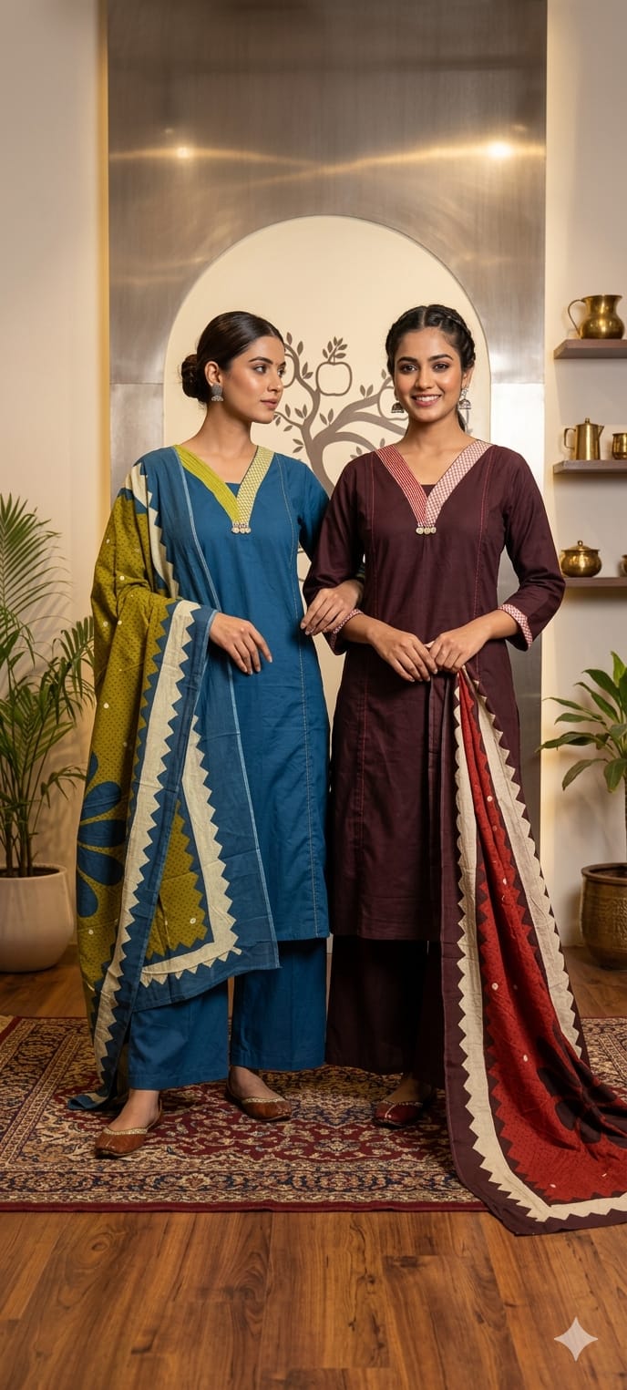 Solid Shade Cotton Neck Detailed Lace Aline Full suit With Dupatta 13911