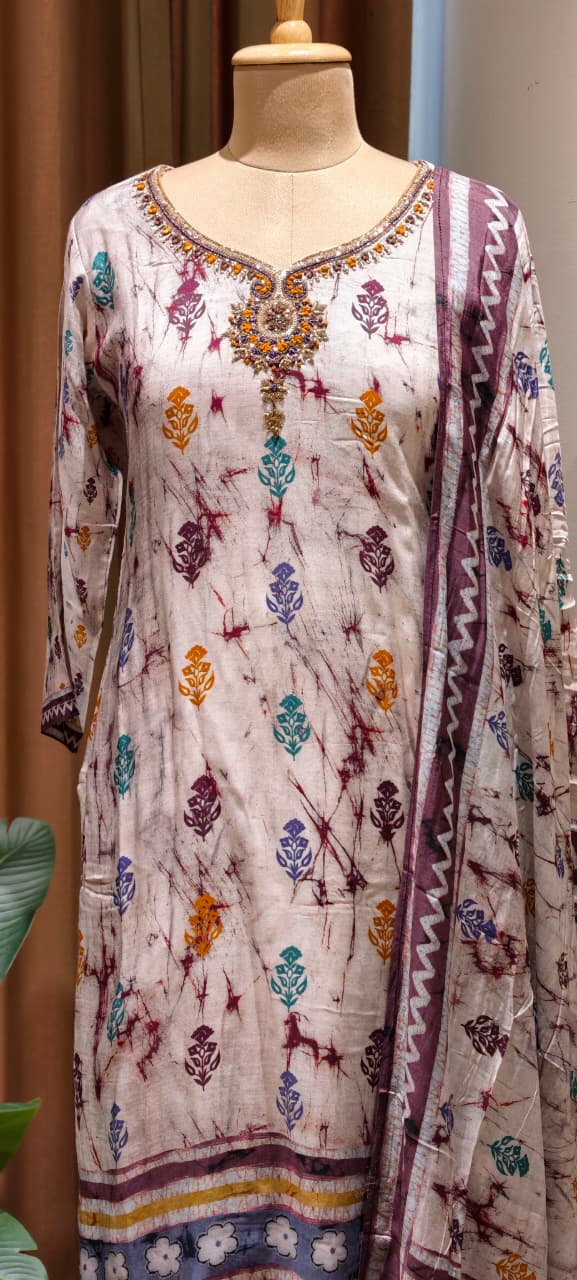 Ivory Fusion Embroidered Tie-Dye Full Suit Set with Dupatta In Muslin Fabric-LEAN FIT(ADVISIBLE NEXT SIZE)